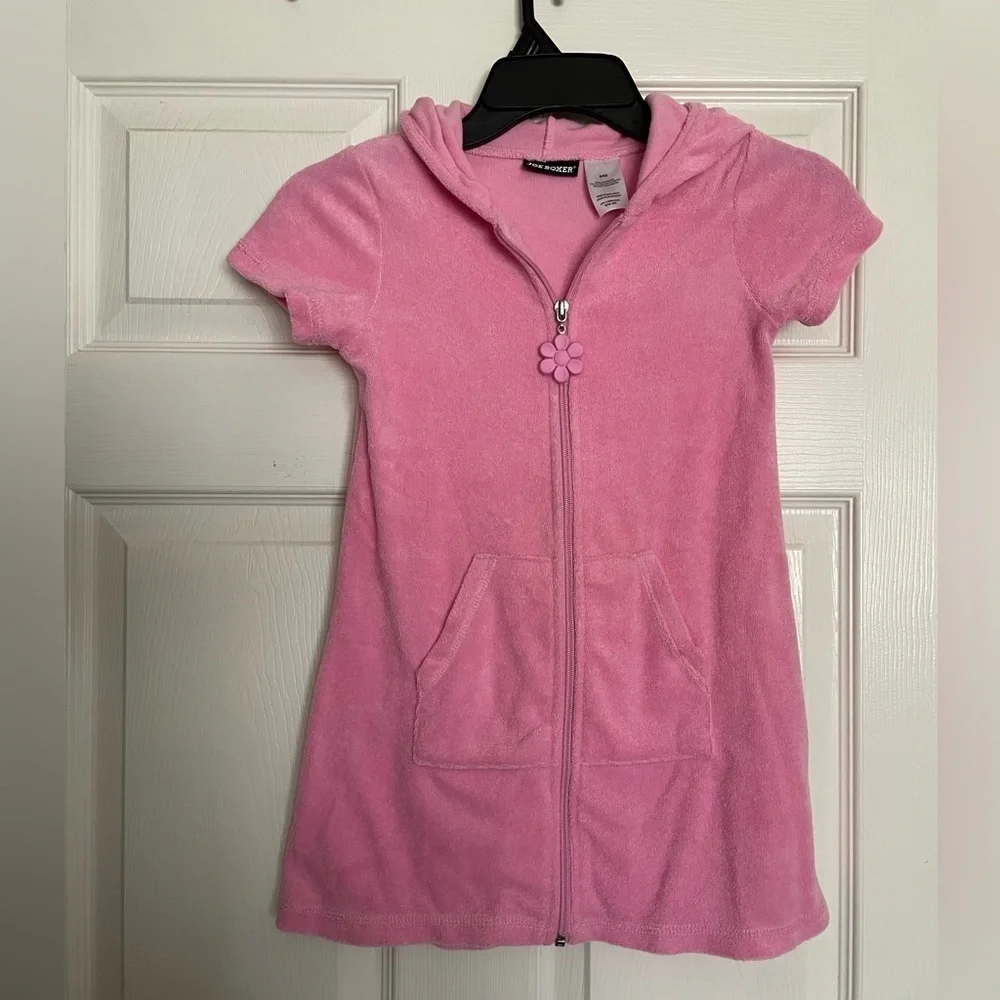 Joe Boxer Pink Hooded Towel Cover Up Dress with Flower Zipper 6/6X